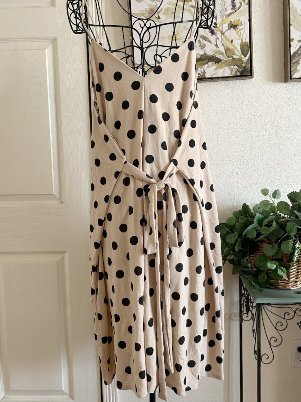 Zara Beige Midi Slip Dress with Black Polka Dots and Tie Wrap Dress